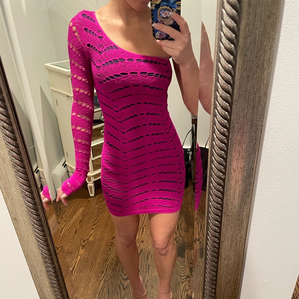 Fuschia illusion one shoulder dress by Bebe, size P/S (would fit xs)